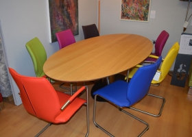 Designer Solid Oak Table on Steel Base. Dining Chairs in Various Colours Kilcroney Furniture Wicklow Furniture