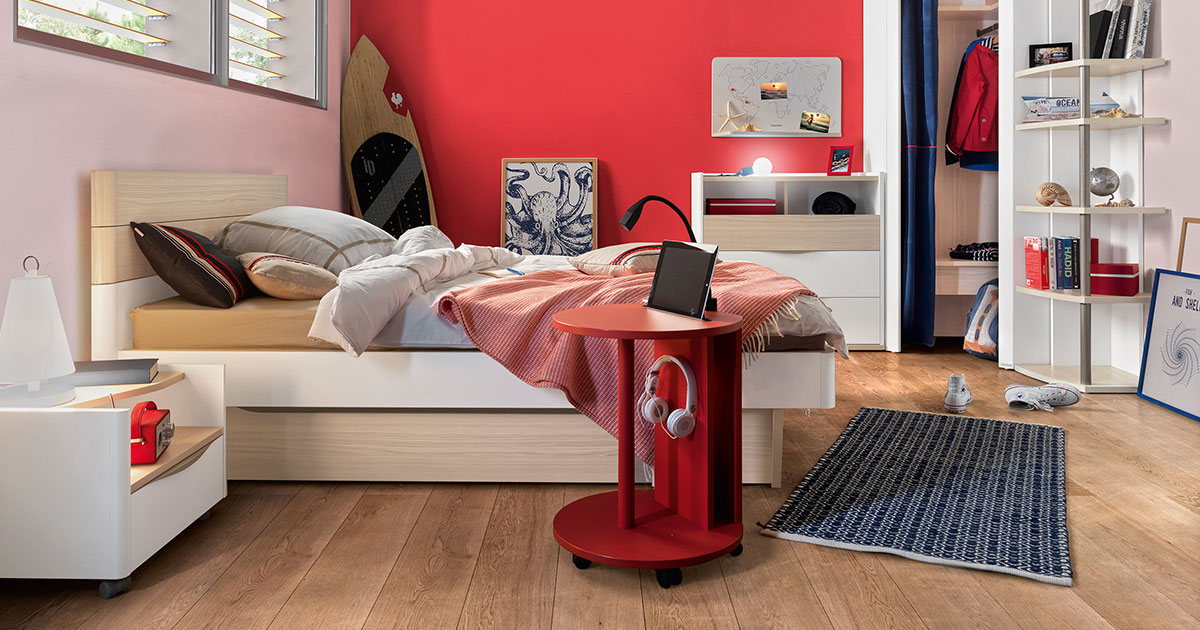 KILCRONEY_FURNITURE_KIDS_TEENS_Mistral-Bed-Corner-Wardrobe-Chest-of-Drawers-Single-Unit-Bookcase-and-COMPLICE--Red-mobile-Trolley-with-sound-box